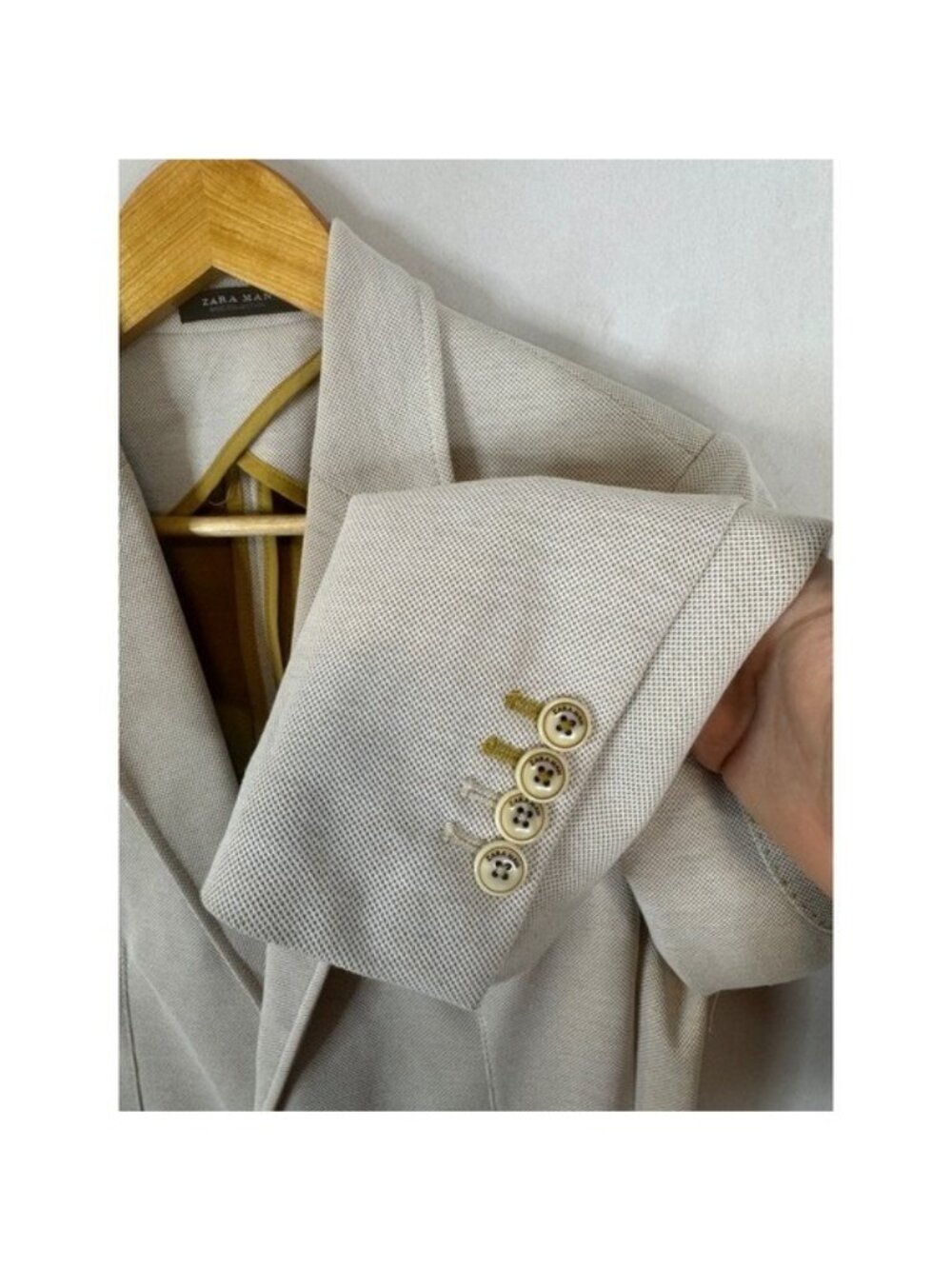 Zara Man Basic Collection Beige Textured Blazer with Elbow Patches Size 36 - Picture 3 of 14